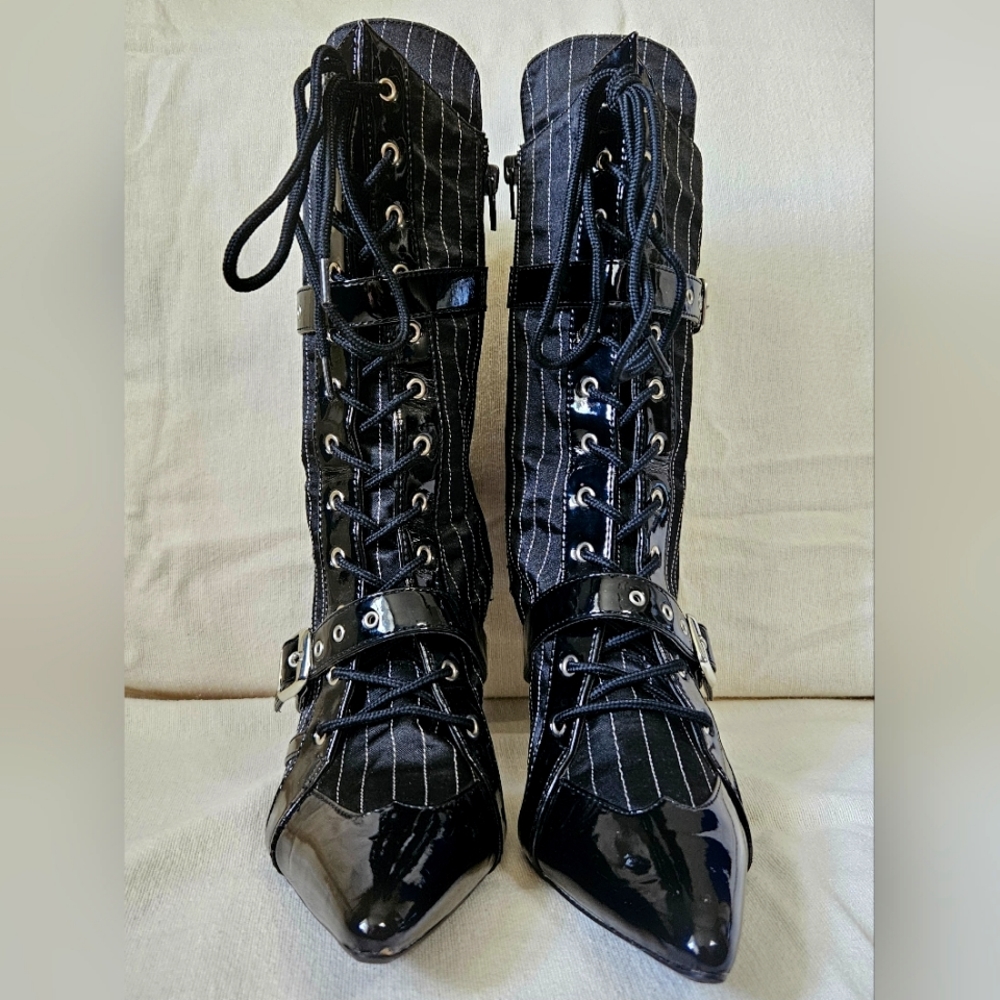 Pinstripe and black patent stiletto boots